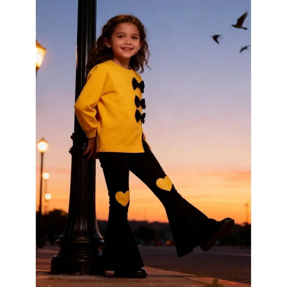3-9 Years Kids Toddler Girl Clothes bow tie Sweatshirt Flared Pants 2Pcs Fall Wi